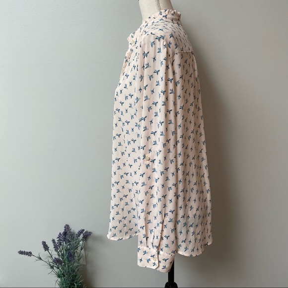 LOFT Bird Print Button Front Ruffle Neck Blouse Light Pink Blue - Picture 5 of 12